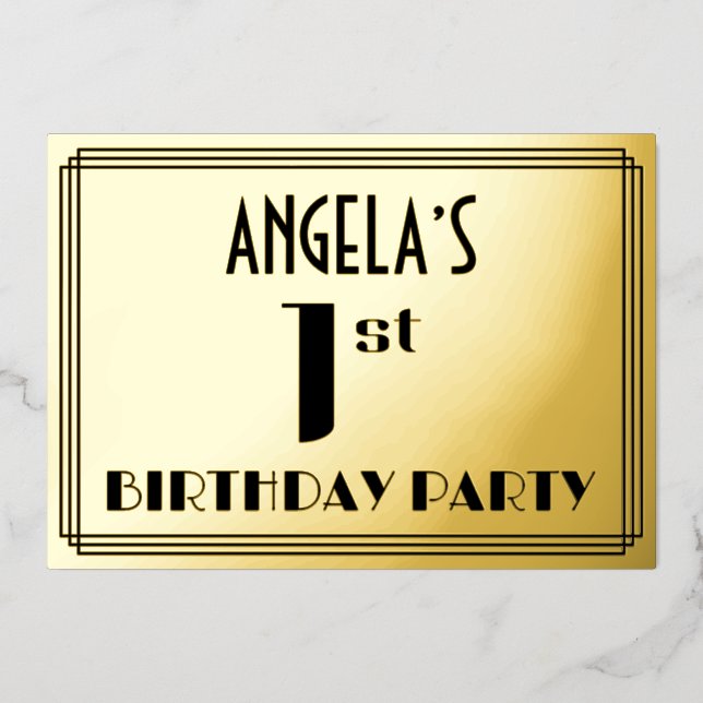 Invitation En Aluminium 1ère fête d'anniversaire : Art Déco Look "1" et no (Recto)