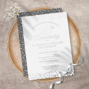 Invitation En Aluminium 25e Anniversaire de Mariage Cœurs Confettis Argent