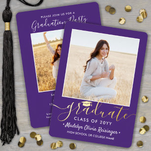 Invitation En Aluminium 2 Photo Graduation Party Purple Blanc et Or