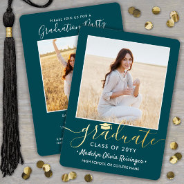 Invitation En Aluminium 2 Photo Graduation Party Turquoise blanc et or