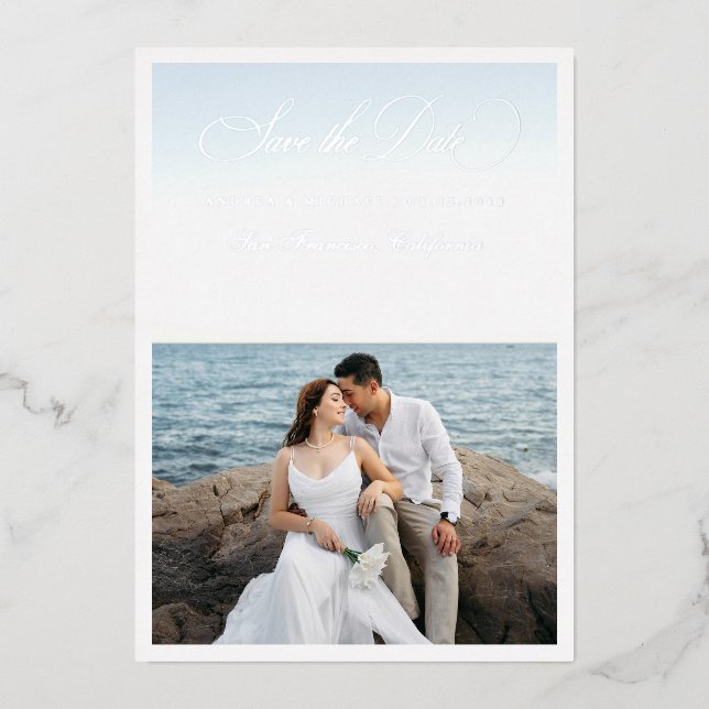 Invitation En Aluminium 2 Photo & Silver Script Seaside Beach Wedding (Recto)