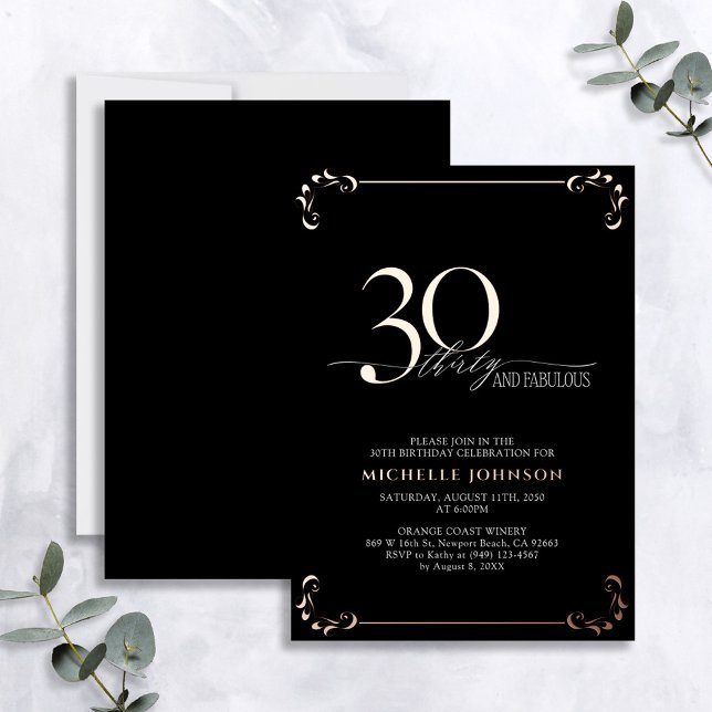 Invitation En Aluminium 30 & Fabuleux Black Rose Gold Calligraphie Anniver (Créateur téléchargé)