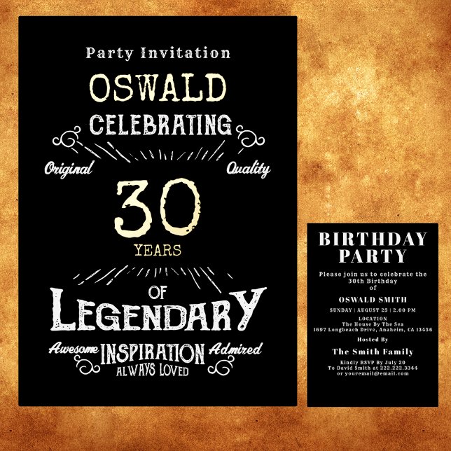 Invitation En Aluminium 30e anniversaire Légendaire Black Gold Retro (For those celebrating their 30th birthday we have the ideal birthday party invitation)