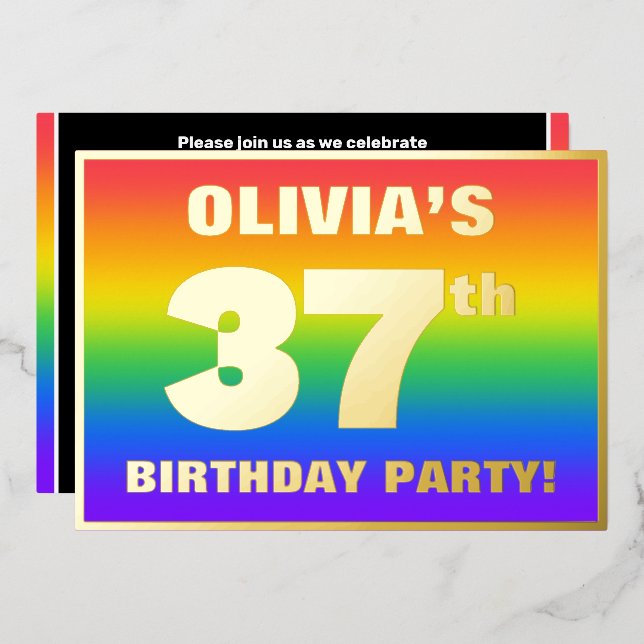 Invitation En Aluminium 37e fête d'anniversaire : Amusant, Motif arc-en-ci (Recto/Verso)