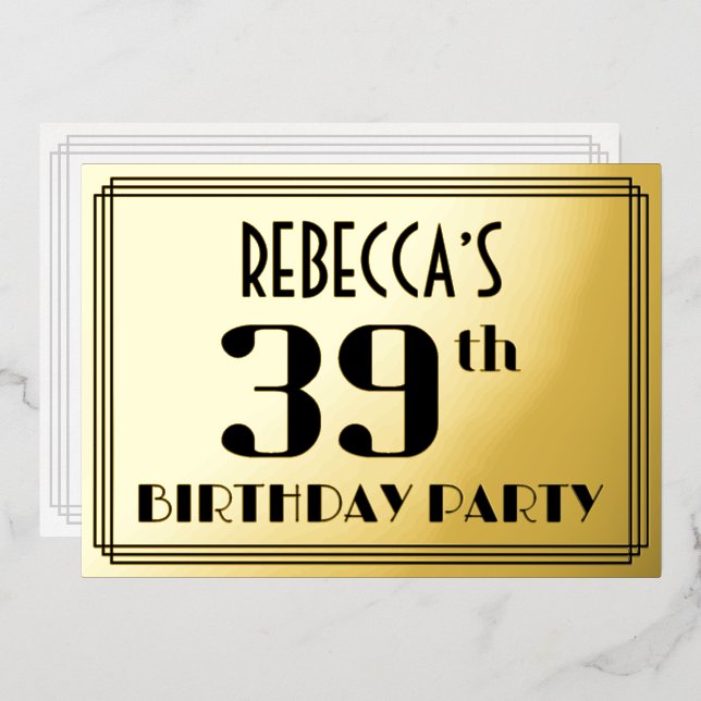 Invitation En Aluminium 39e fête d'anniversaire : Art Déco Look "39" et no (Recto/Verso)