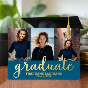 Invitation En Aluminium 3 Photo Graduation Party Modern Script Gold