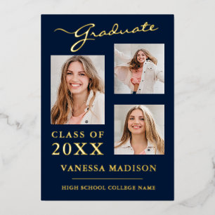 Invitation En Aluminium 3 Photo Script Navy Blue Grad Announcement