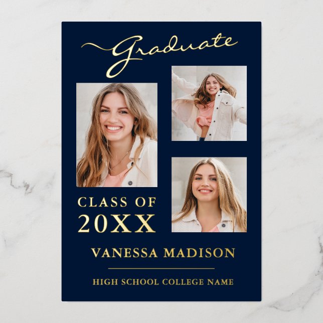 Invitation En Aluminium 3 Photo Script Navy Blue Grad Announcement (Recto)