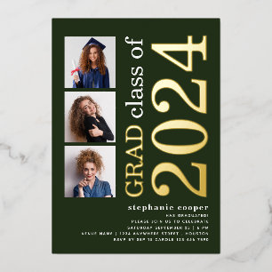 Invitation En Aluminium 3 Photos Graduation 2025 Green Gold Real