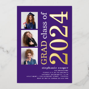 Invitation En Aluminium 3 Photos Graduation 2025 Purple Gold Real