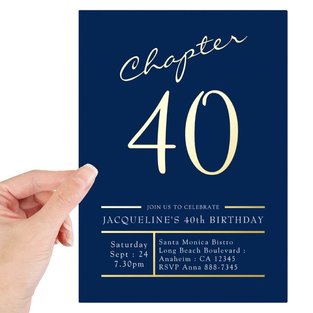 Invitation En Aluminium 40 Blue 40th Birthday Party Gold (Créateur téléchargé)