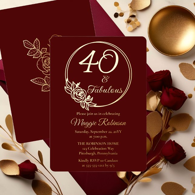 Invitation En Aluminium 40 et fabuleuse fête du 40e anniversaire bloquée (Elegant Rose Wreath 40 and Fabulous 40th Birthday Party Burgundy Stamped Gold Foil Invitation )