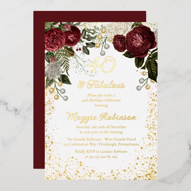 Invitation En Aluminium 40 et fabuleux Glam Rose Floral fête d'anniversair (Recto/Verso)