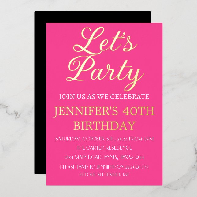 Invitation En Aluminium 40e anniversaire Neon Pink Black Gold Foil QR Code (Recto/Verso)