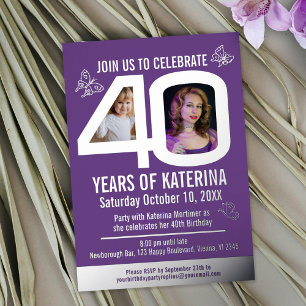 Invitation En Aluminium 40e anniversaire violet feuille d'argent photo pap