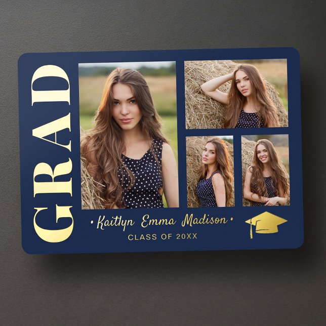 Invitation En Aluminium 4 Photo Collage Marine Bleu & Gold Foil Grad Card (Créateur téléchargé)