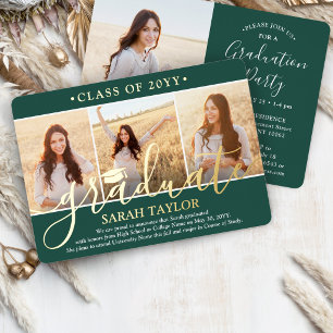Invitation En Aluminium 4 Photo Graduation Party Vert, Blanc et Réel