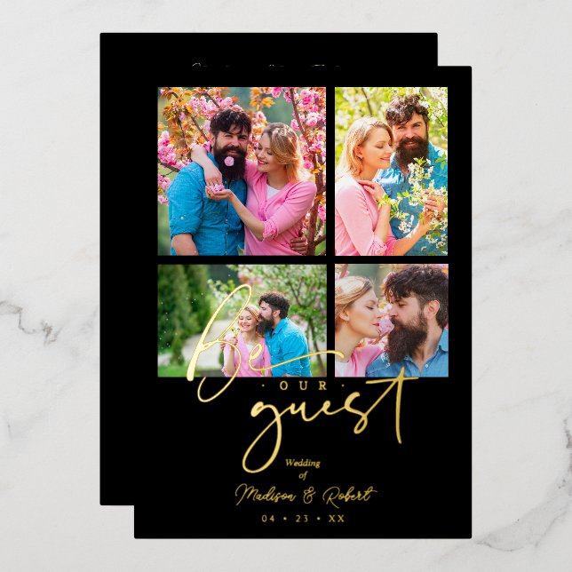 Invitation En Aluminium 4 photos Real Golden Black Trendy Collage Wedding (Recto/Verso)