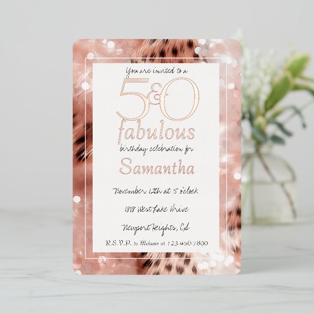 Invitation En Aluminium 50 ans et Fabuleux Rose Poudré Anniversaire Léopar (Debout devant)