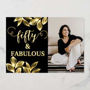 Invitation En Aluminium 50 & Fabuleux Black & Gold Photo Anniversaire
