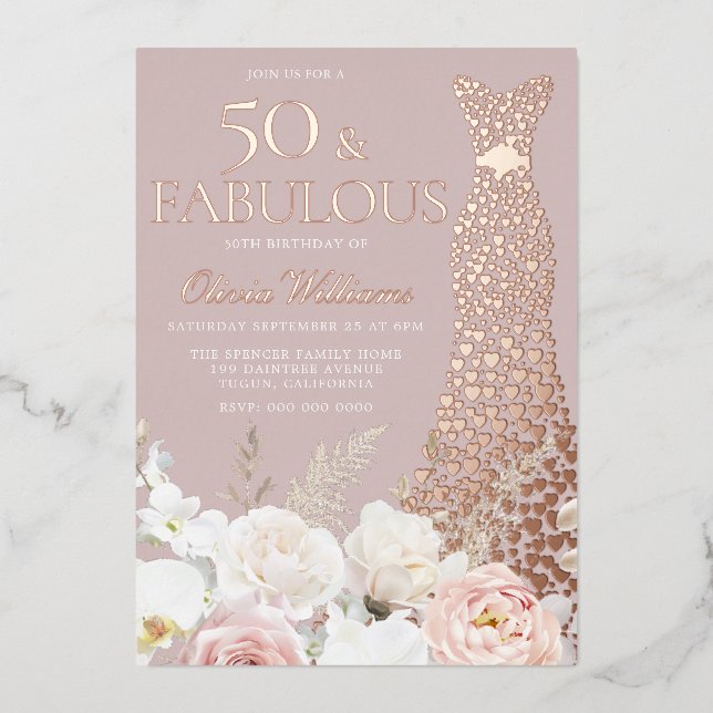 Invitation En Aluminium 50 & Fabuleux Blush Floral 50e Anniversaire Rose G (Recto)