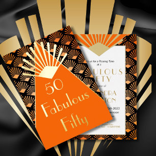 Invitation En Aluminium 50e Anniversaire Art Déco Orange Noir Or