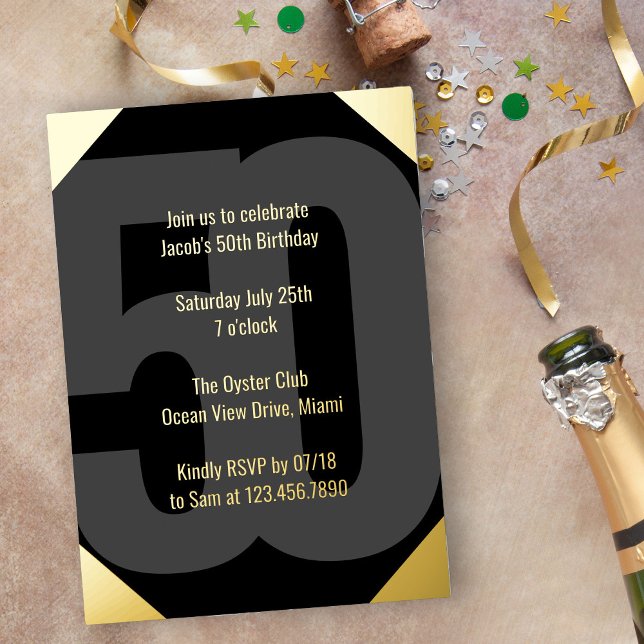 Invitation En Aluminium 50e anniversaire audacieux Luxe noir et or (Luxe 50th Birthday Invitation in black and gold with Bold Oversized Number and Typography)