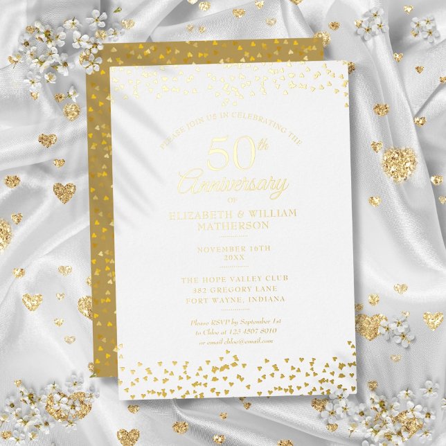 Invitation En Aluminium 50e anniversaire de mariage coeurs confettis or (50th Wedding Anniversary Hearts Confetti Gold Foil Invitation)