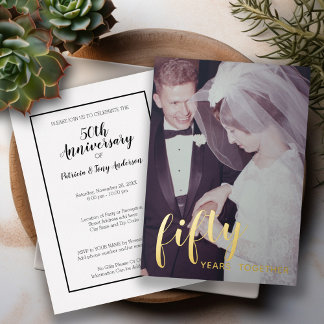 Invitation En Aluminium 50e Anniversaire de Mariage Feuille d'Or & Photo