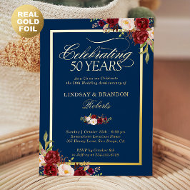 Invitation En Aluminium 50e anniversaire de mariage photo floral rouge blu