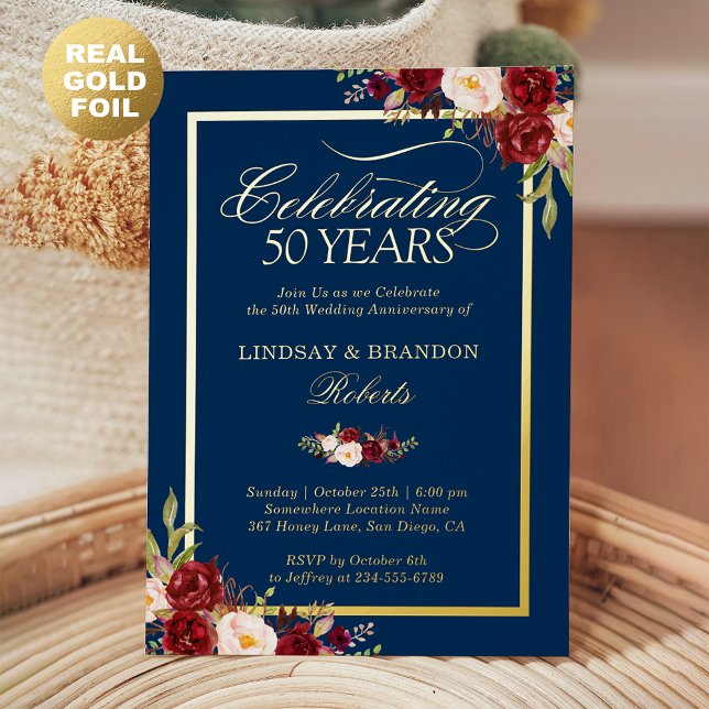Invitation En Aluminium 50e anniversaire du Mariage Photo Blush Red Floral (Créateur téléchargé)