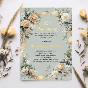 Invitation En Aluminium 50e anniversaire mariage fleurons jaunes or