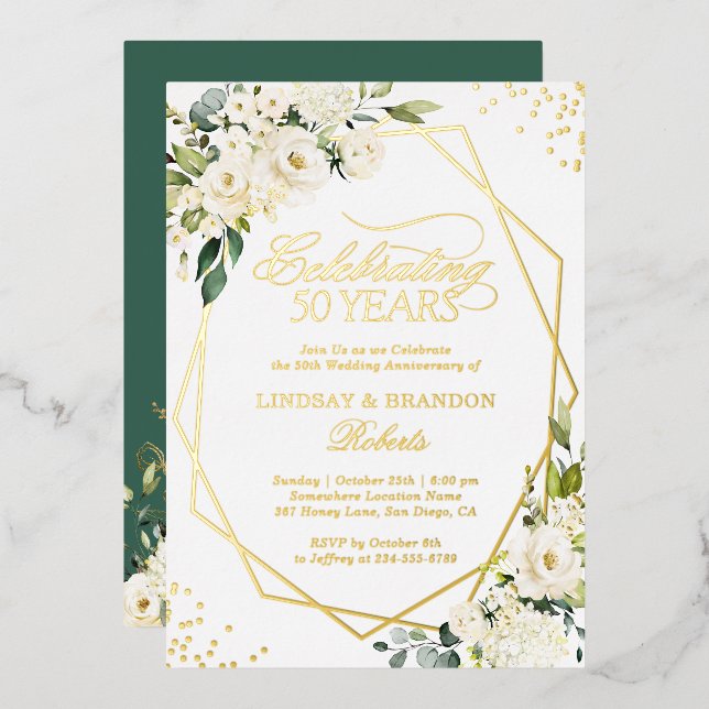 Invitation En Aluminium 50e anniversaire Mariage verdure or géométrique (Recto/Verso)
