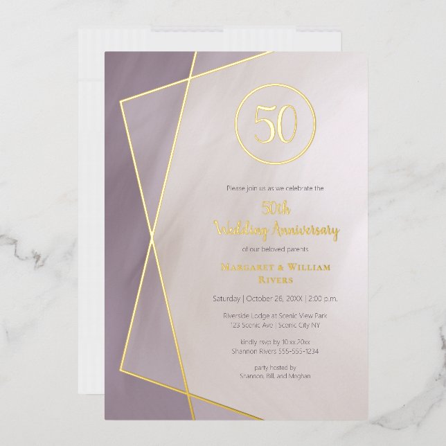 Invitation En Aluminium 50e anniversaire prune atténué avec or (Enveloppe)
