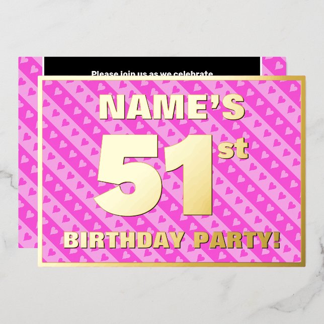 Invitation En Aluminium 51e fête d'anniversaire — Coeurs et rayures roses  (Recto/Verso)