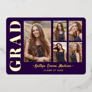 Invitation En Aluminium 5 Photo Grad Collage Purple & Gold Foil Card