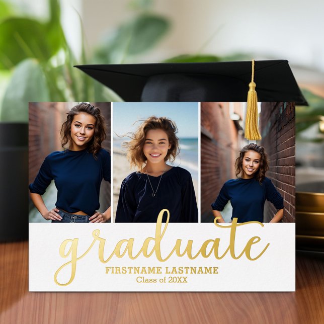 Invitation En Aluminium 5 Photo Graduation Party Modern Script Gold Foil (Graduation announcement and invitation with multiple photos)