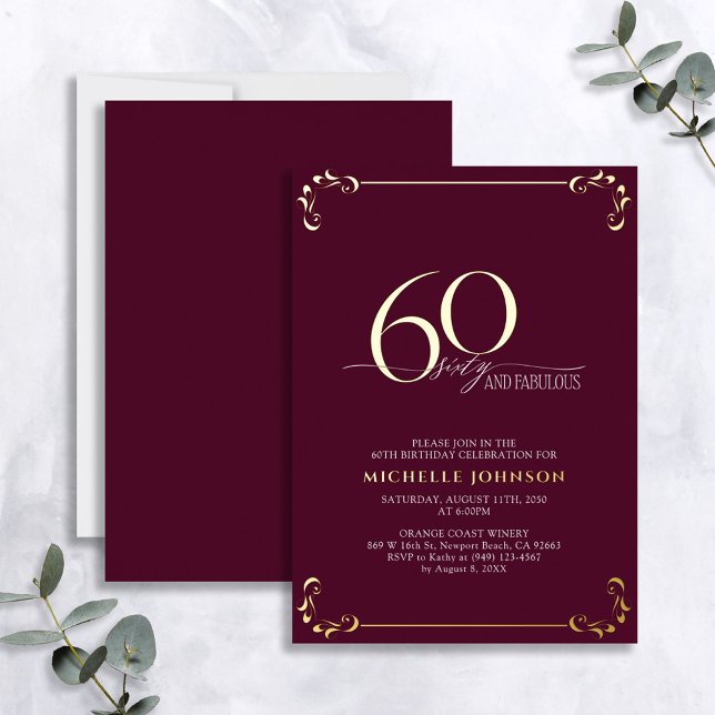 Invitation En Aluminium 60 & Fabuleux Burgundy & Gold Calligraphy Annivers (Créateur téléchargé)
