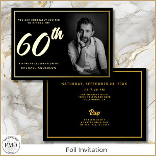 Invitation En Aluminium 60e anniversaire Photo Black Gold Elegant