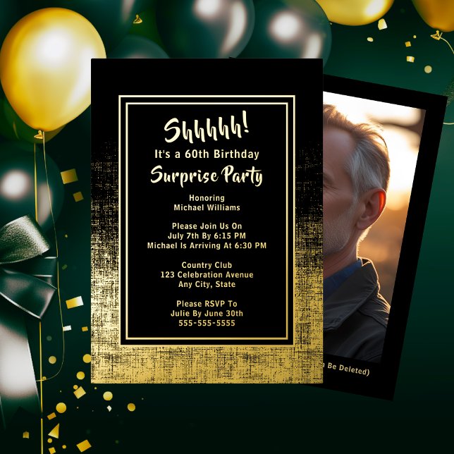 Invitation En Aluminium 60e anniversaire surprise photo sur le dos Black & (Créateur téléchargé)
