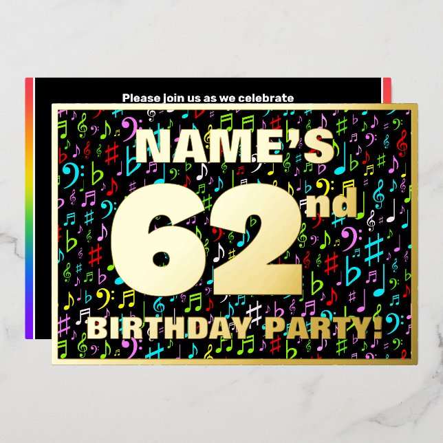 Invitation En Aluminium 62e fête d'anniversaire — Symboles de musique amus (Recto/Verso)