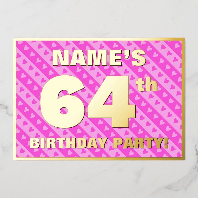 Invitation En Aluminium 64e fête d'anniversaire — Coeurs et rayures roses  (Recto)