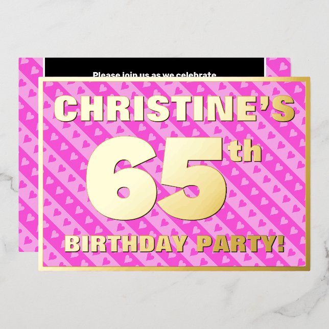 Invitation En Aluminium 65e fête d'anniversaire — Coeurs et rayures roses  (Recto/Verso)
