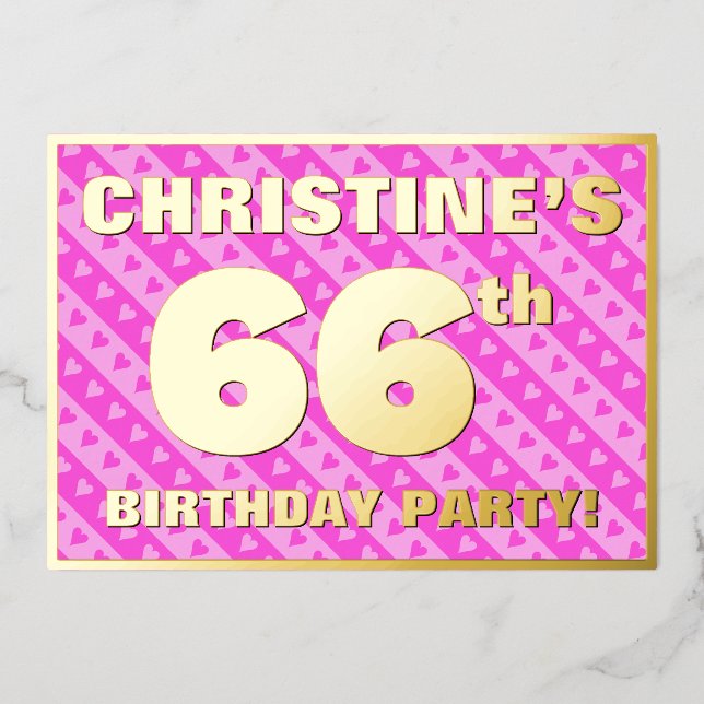Invitation En Aluminium 66e fête d'anniversaire — Coeurs et rayures roses  (Recto)