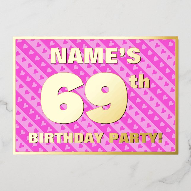 Invitation En Aluminium 69e fête d'anniversaire — Coeurs et rayures roses  (Recto)