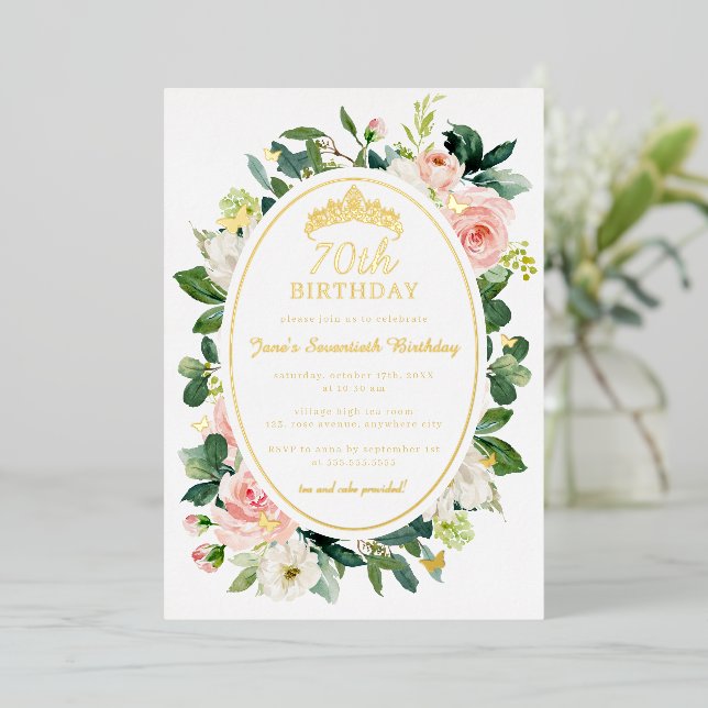 Invitation En Aluminium 70e anniversaire Gold Pink Butterfly Floral (Debout devant)