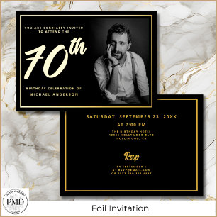 Invitation En Aluminium 70e anniversaire Photo Black Gold Elegant