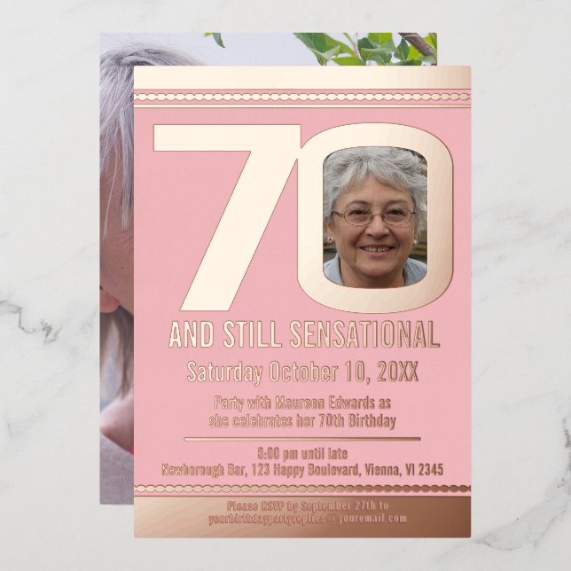 Invitation En Aluminium 70e anniversaire rose poussiéreux et or rose (Recto/Verso)