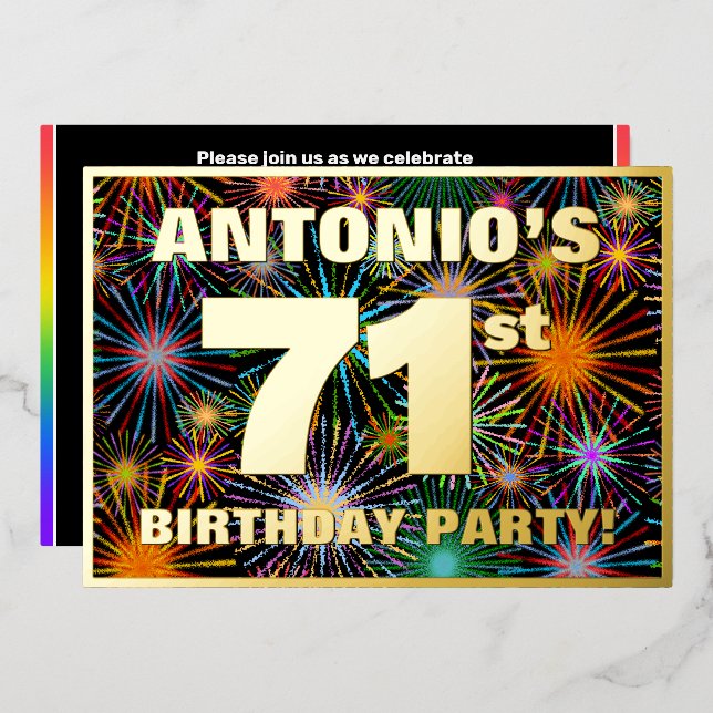 Invitation En Aluminium 71e fête d'anniversaire — Amusant, Feu d'artifice  (Recto/Verso)