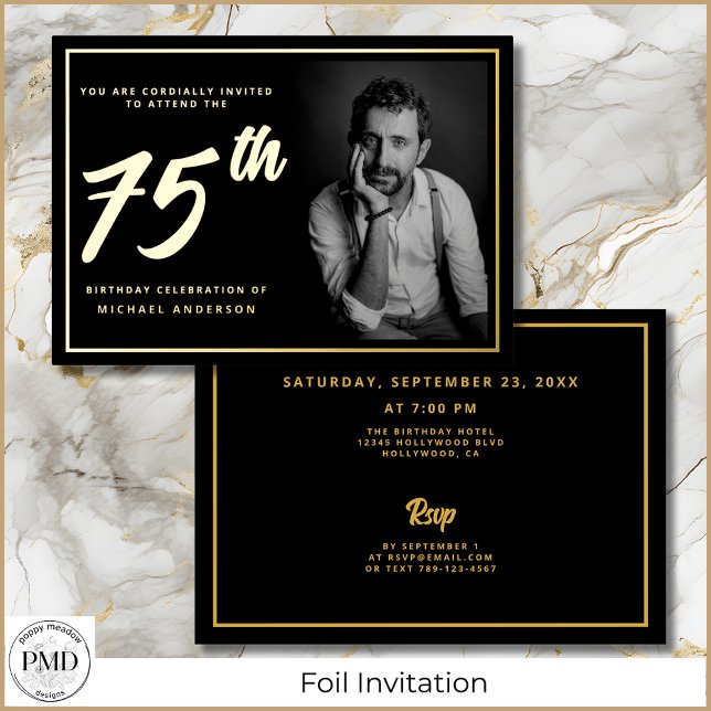 Invitation En Aluminium 75e anniversaire Elégante photo Black Gold (75th Birthday Black and Gold Photo Invitation with Gold Foil, Party Details on the Back.)